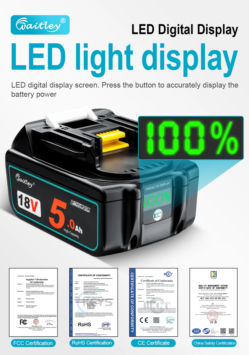 Waitley BL1850 18 V 5,0 Ah Ersatzakku für Makita Elektrowerkzeug 5000 mAh BL1840 BL1860 Akku mit LED-Leistungsanzeige 18 V 5 A – Detail 9