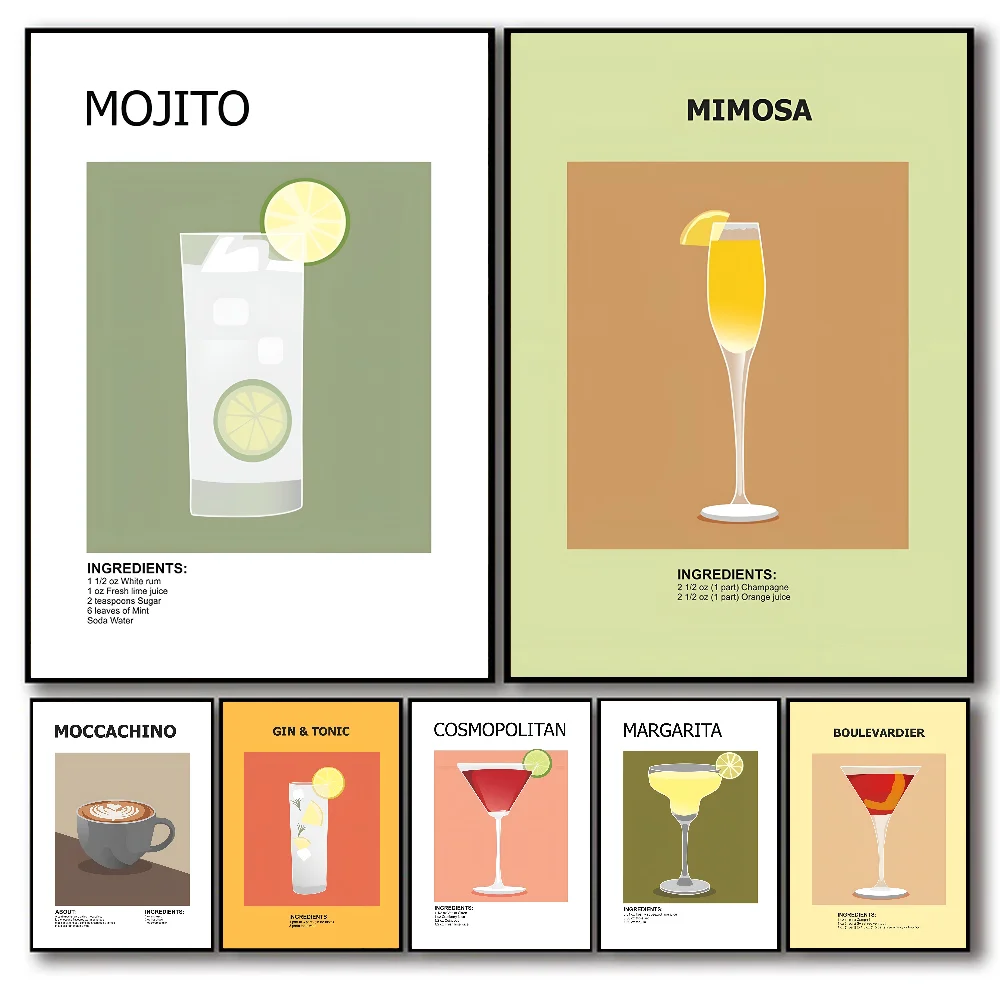 Póster de receta de vino de café, pegatina de papel impermeable, arte autoadhesivo, decoración de pared de habitación de Bar y casa de café