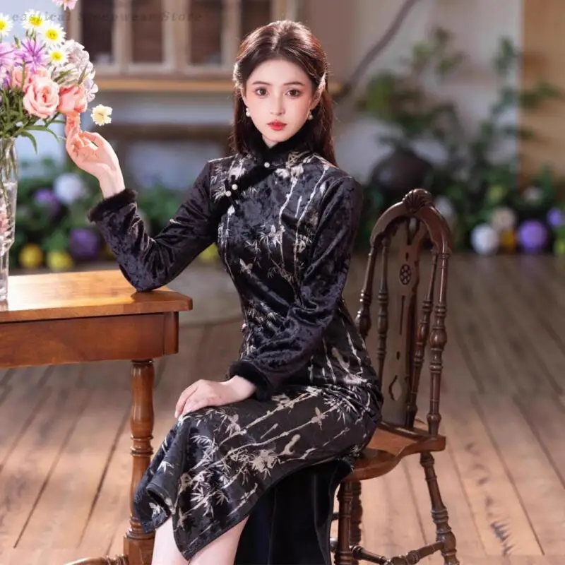 

Plus Size 3XL Chinese Traditional Female Long Qipao Dress Classic Jacquard Cheongsam Autumn Winter Thicken Velvet Vestidos Gown