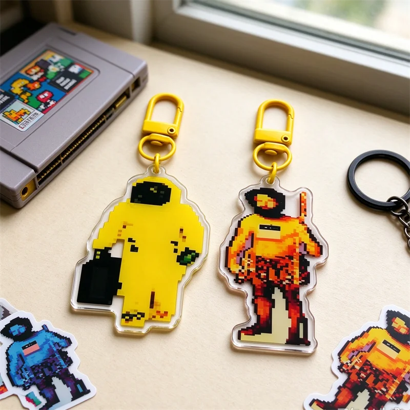 Pixel Cave Man Hazmat Suit Acrylic Keychain Backrooms Themed Gaming Collectible Key Ring for Geeks And Fans