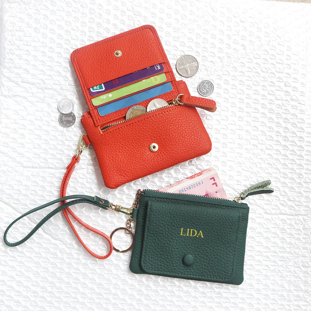 Benutzer definierte Buchstaben Frauen Münz geldbörse Echt leder Dame Schlüssel bund Karten halter kleine Lanyard Brieftasche personalisieren Name Reiß verschluss Armband Tasche – Detail 3