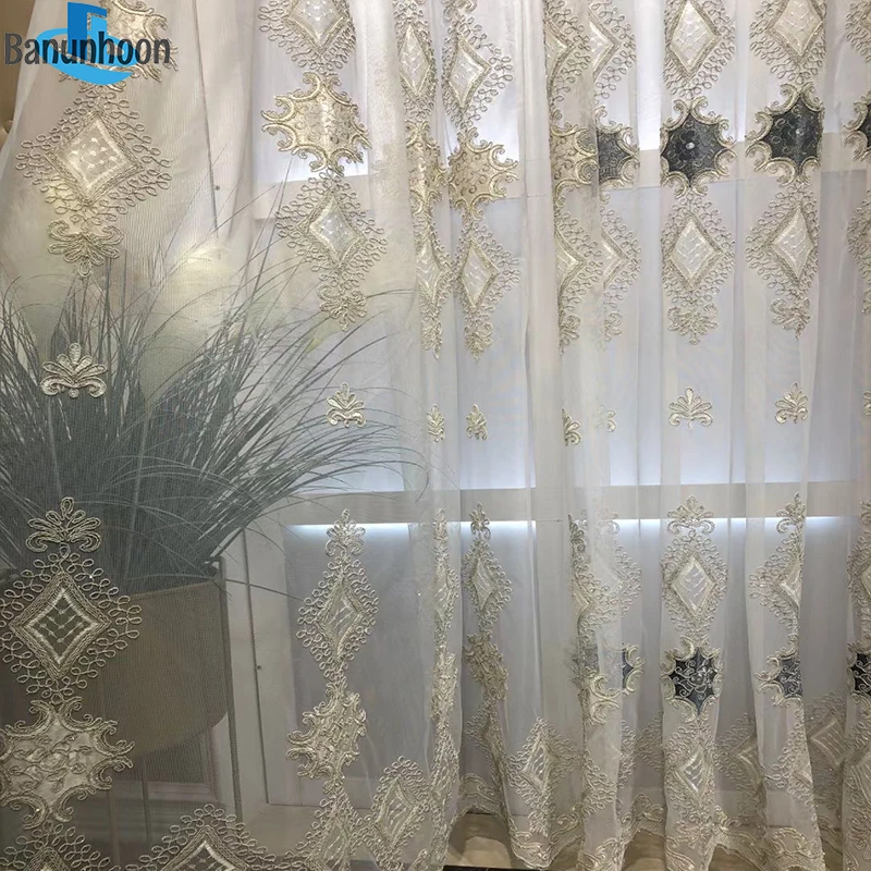 

European-style diamond lattice velvet embroidery Sheer curtains for living room tulle in the bedroom window yarn has good drape