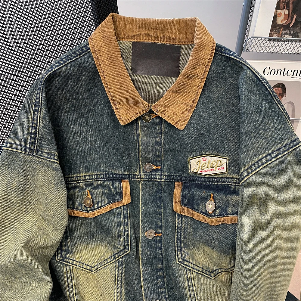 American High Street Retro Blue Denim Coat Long Sleeve Single Breasted Jacket Tops Fall Winter Loose Turn Down Collar Outerwear