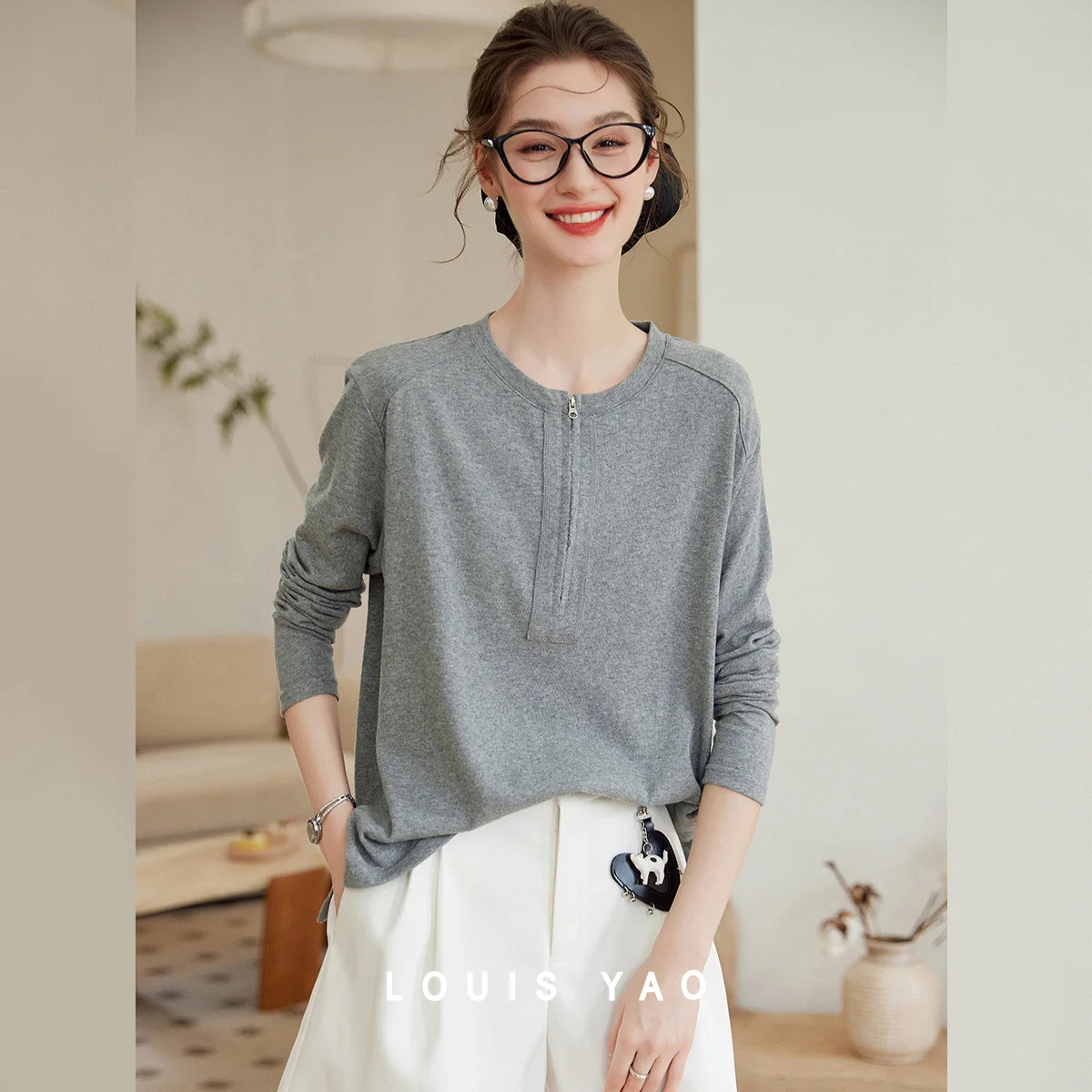 

LOUIS YAO New Half-open Collar Long-sleeve T-shirt 2025 Autumn Round Neck Zipper Drop Sleeves Women's Tees Tops for Women