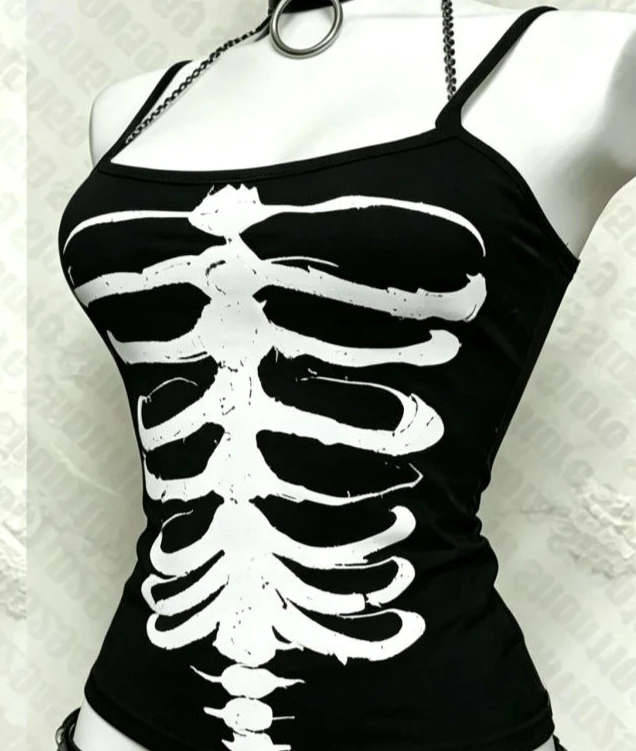 Y2K Gothic Alt Ärmelloses Crop Top Vintage Grunge Skelett Vorder- und Rückseite Grafik Slim Damen Skelett Rippenkorb Wirbelsäule Cami Tank Tops – Detail 5
