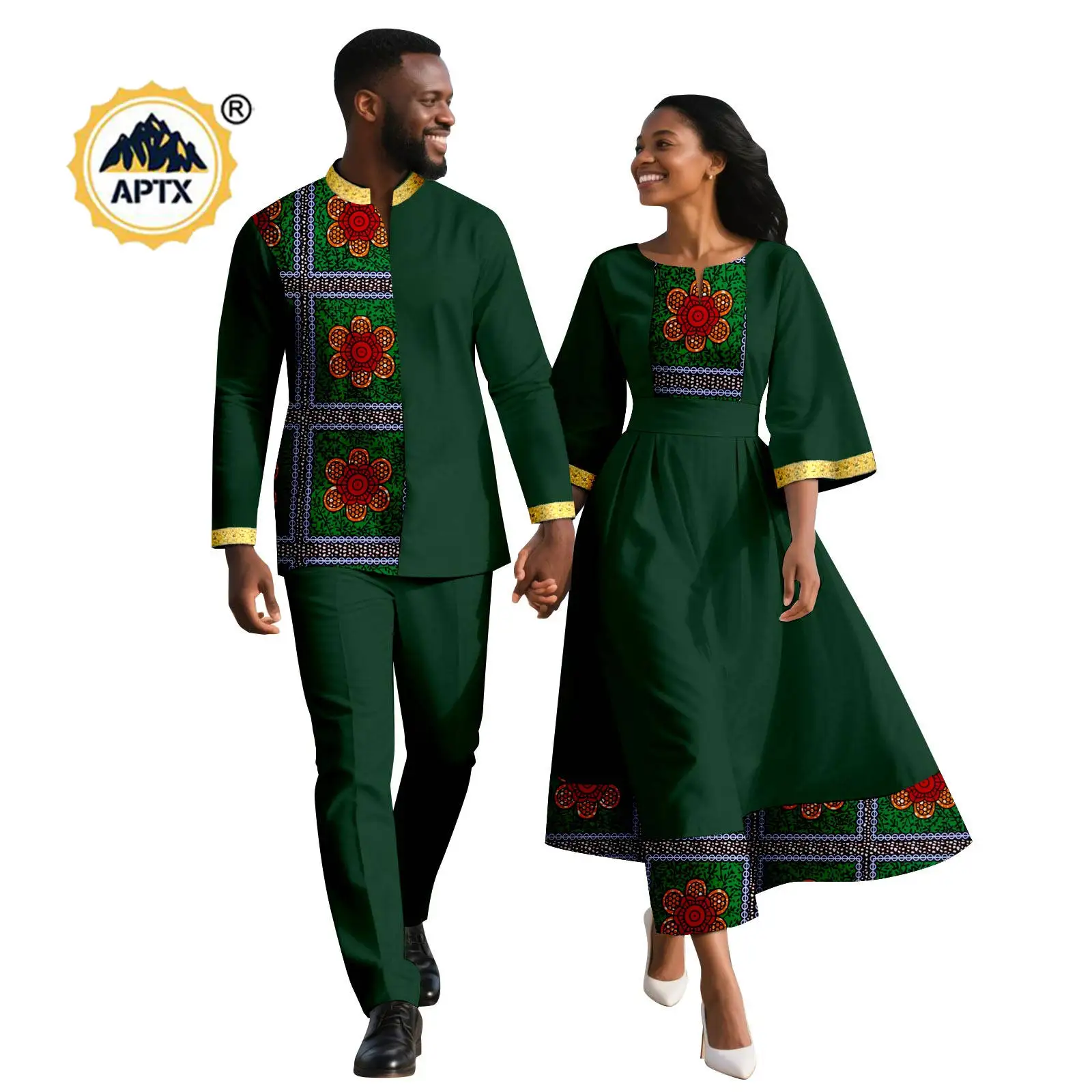 

African Patchwork Print Dresses for Women Matching Couple Outfits Wedding Dashiki Men Stand Neck Top Shirt and Pant Sets 25C063