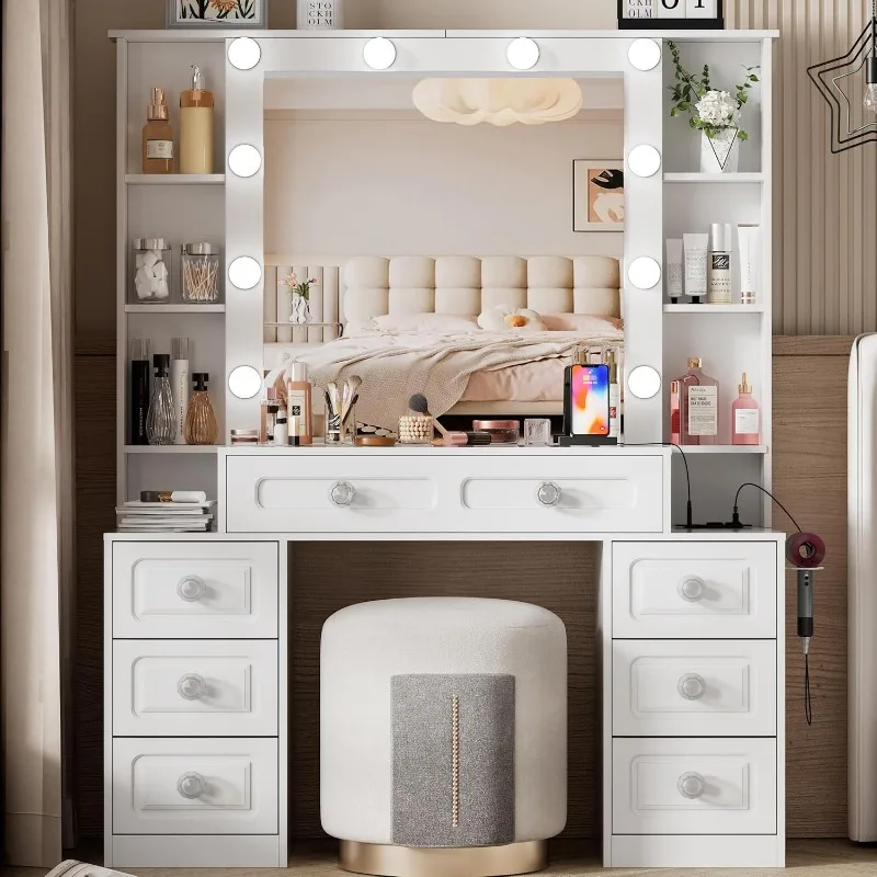 

Farmhouse Makeup Vanity with Lighted Mirror & Charging Station, Vanity Desk Dresser Table with 3 Lighting Modes Brightness