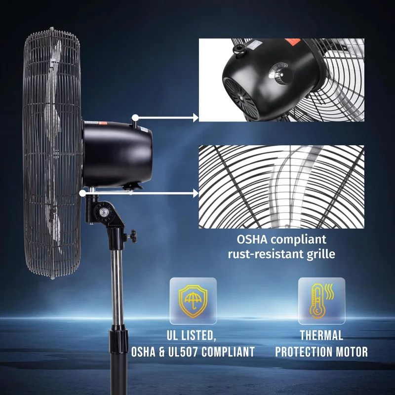 مروحة تورنادو بقاعدة متأرجحة مقاس 20 بوصة - 5000 CFM، مروحة حامل، 3 سرعات، 1/6 حصان، 6.6 قدم، الاستخدام الصناعي والتجاري، مدرج في قائمة UL