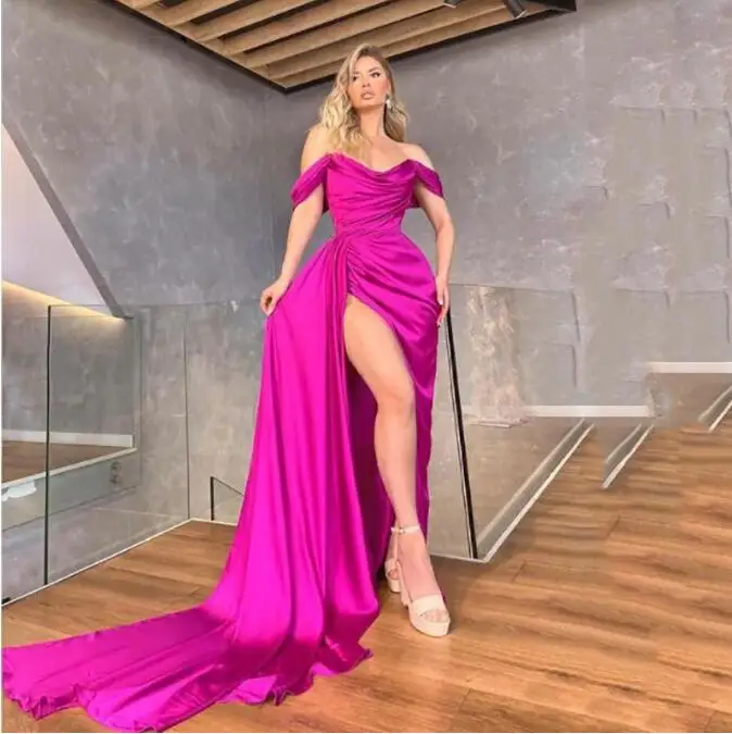 Sexy Rode Lange Mermaid Avondjurk Uit De Schouder Hoge Kant Split Prom Jurken Celebrity Dress Party Robes De Soiree