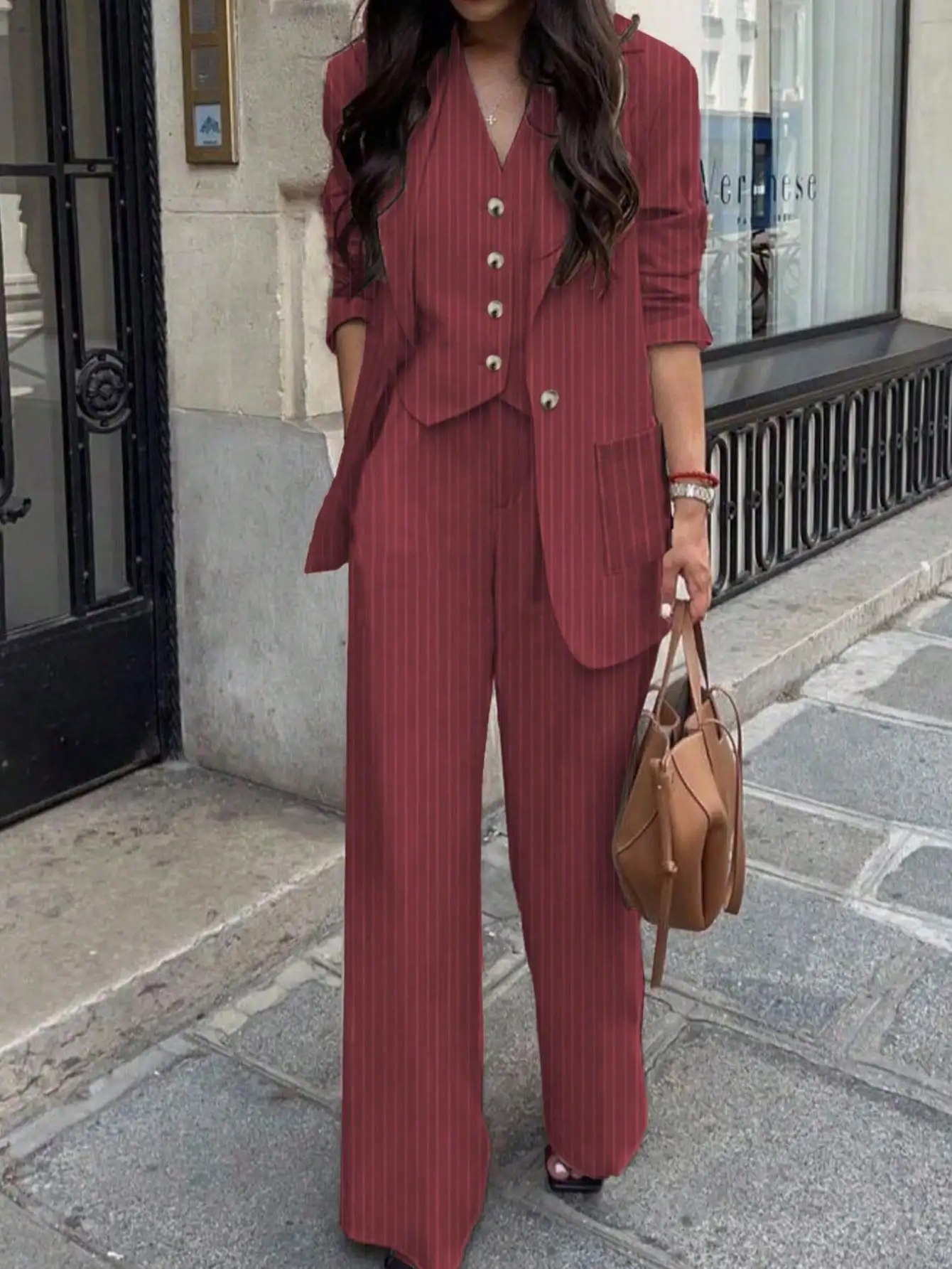 

Women's Casual Commuter Striped Jacket, Pants, Vest 3-Piece Suit Set, Spring/Summer 3 Piece Sets Womens Outfits