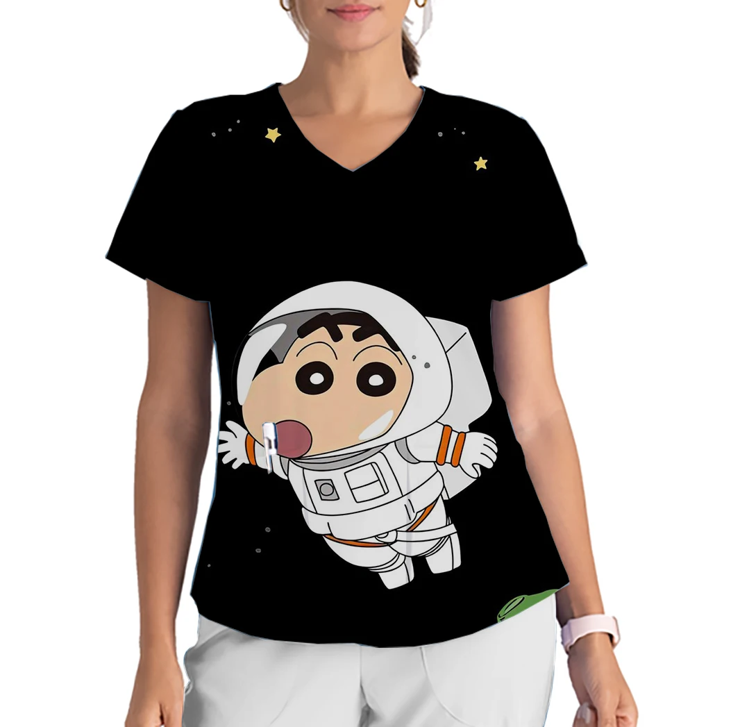 V-Neck Print Scrub Top Top Anime Crayon Shin-chan Print Childlike Men's Work Clothes Children's Center Pet Store Work Uniform