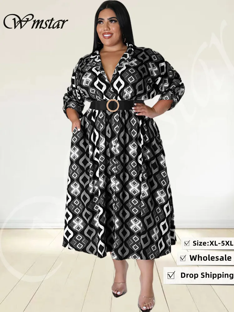 Wmstar Plus Size Dresses Women with Belt V Neck Print Maxi Dress Elegant Office Lady Fashion Streetwear Wholesale Dropshipping