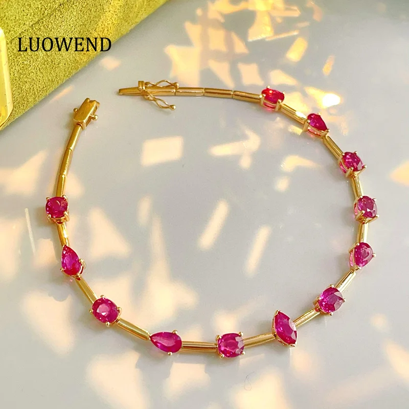 

LUOWEND 100% 18K Yellow Gold Bracelet Luxury Shiny Design Real Natural Ruby Gemstone Bracelet for Women High Party Jewelry