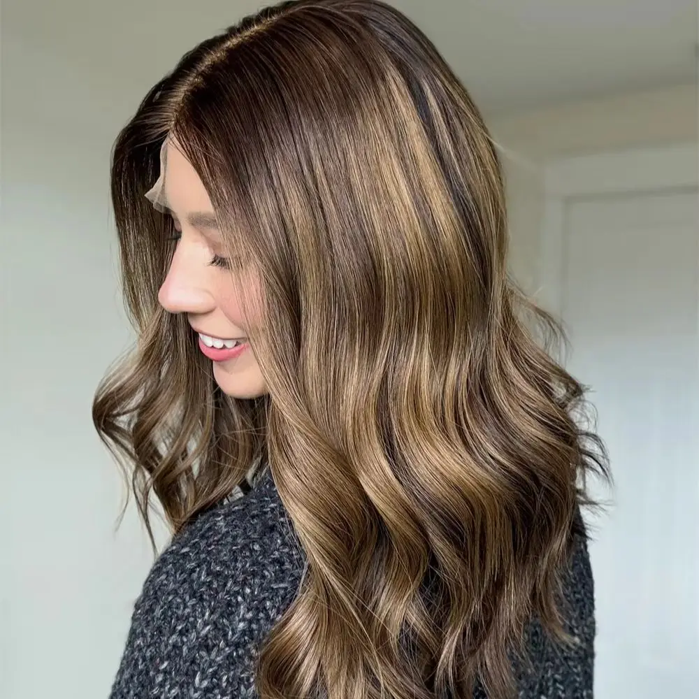 13*4 HD Transparent Lace Wigs Realistic Look Hairline Ombre Warm Brown with Blonde Streaks Glueless Wigs Synthetic Hair 18 Inch