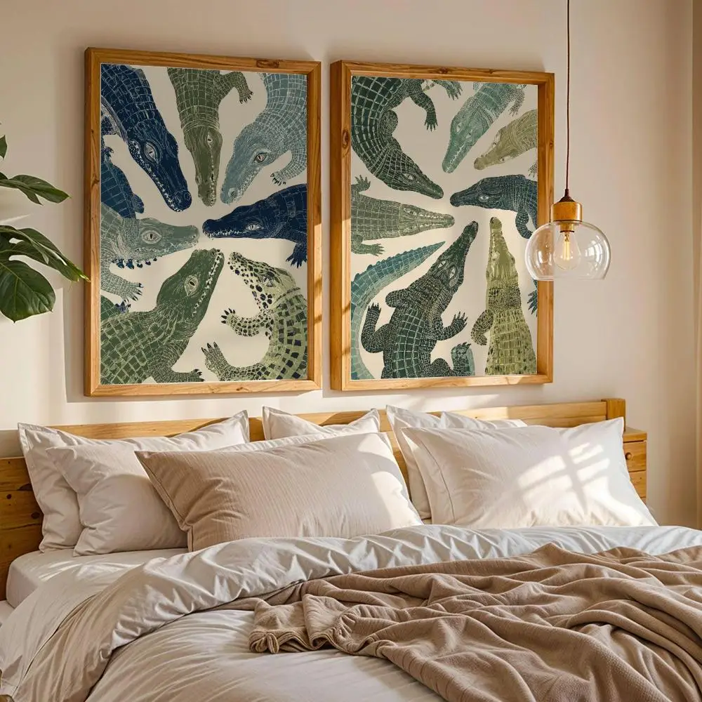 Crocodile Alligator Blue Green Reptile Painting Calligraphy Canvas Poster Art for Bedroom Living Room Home Decor Decals Gift