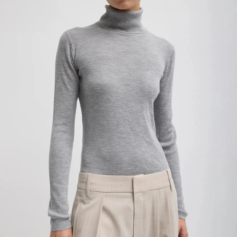 

Slim Fit High Ne Knitted Wool Sweater Simple Design Base irt American Sle Women's Faion Autumn Long Sve