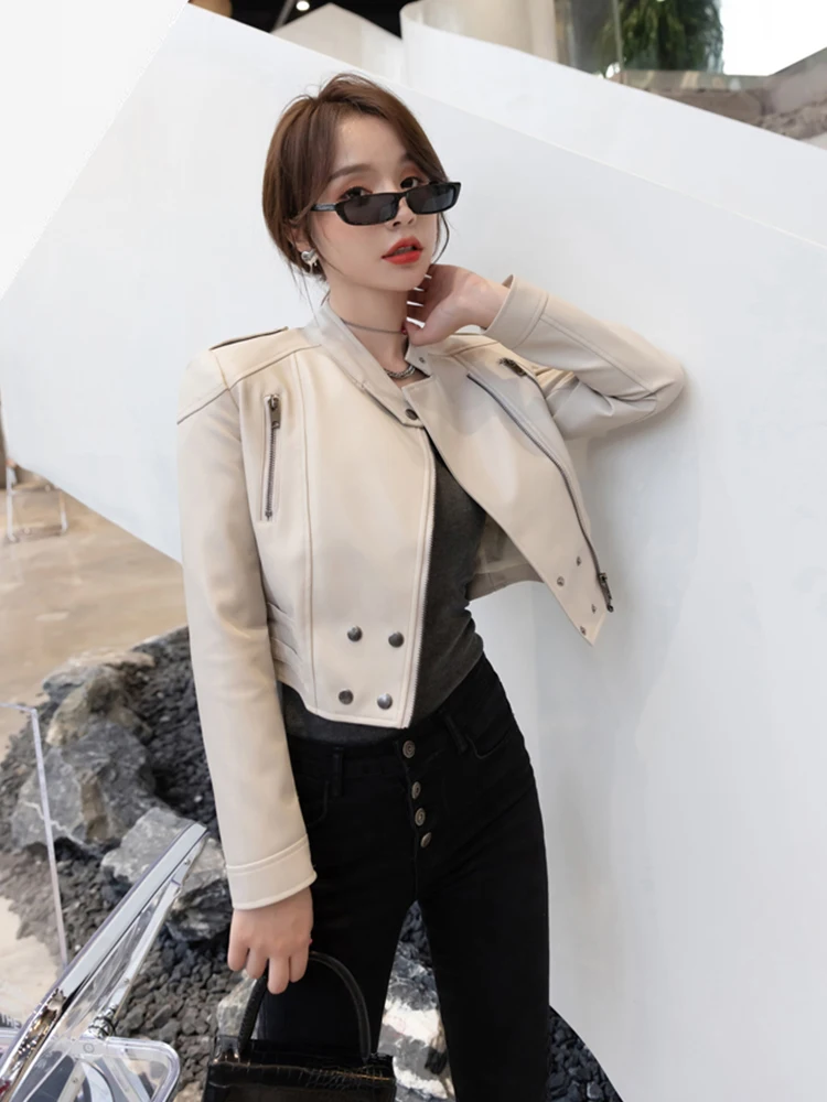 New Arrival Black Leather Coat Female 2023 Spring Autumn Fashion Slim Fit Slimming Waist Zipper Short PU Leather Jacket Trendy