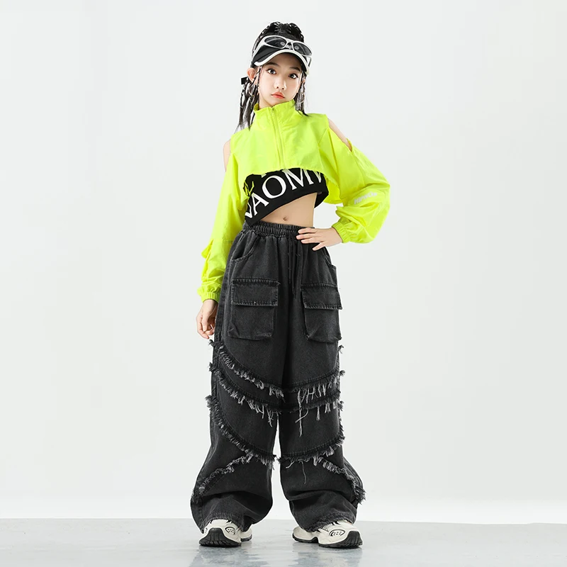 Chaqueta verde corta de Hip Hop para niñas, pantalones vaqueros Cargo de baile callejero, ropa de calle militar para niños, Joggers, conjuntos de ropa de Jazz para niños
