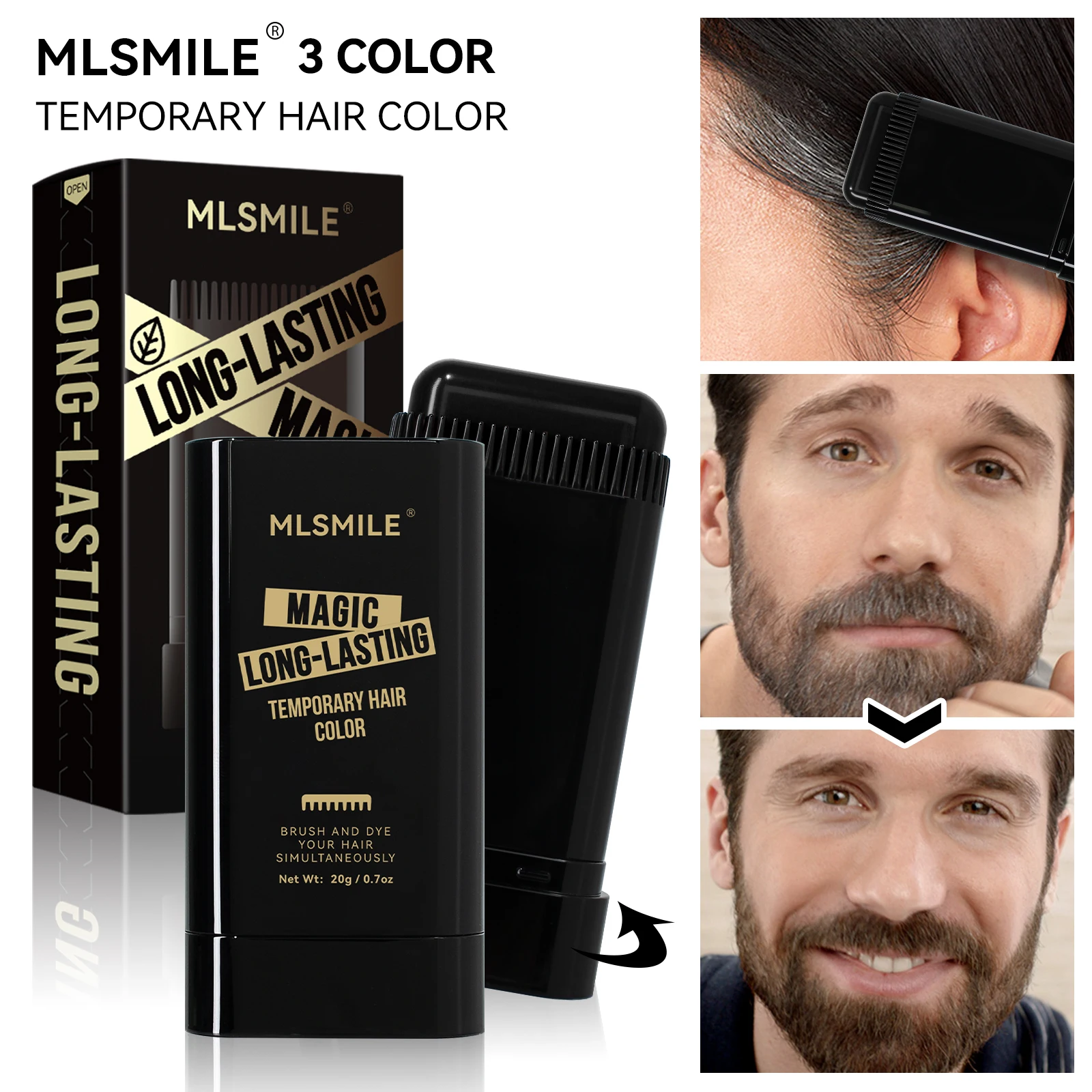MLSMILE 3 Kolory do Zakrywania Siwych Włosów, unisex Tymczasowy Preparat w Sztyfcie - Farba Roślinna, Uzupełnienie Koloru Włosów przy Korzeniach Bez Farb Chemicznych 2025 Nowość