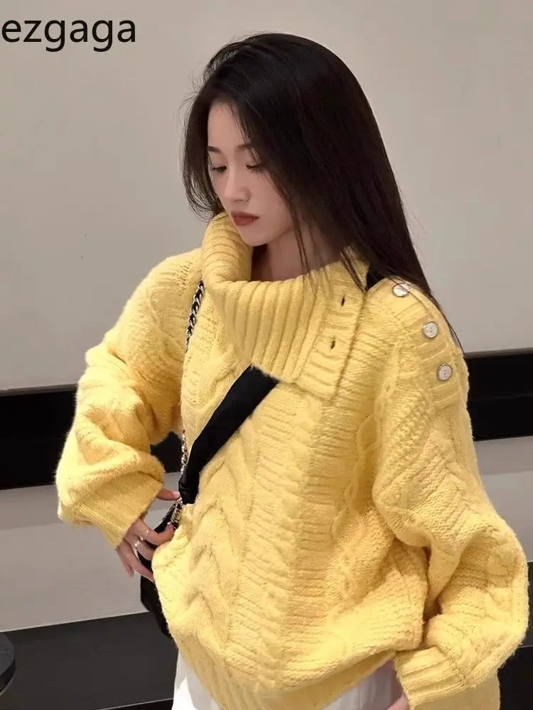 

Ezgaga вязаный свитер женский отложной воротник осень-зима 2025 свободная пуговица элегантная верхняя одежда пуловер женский повседневный джемпер