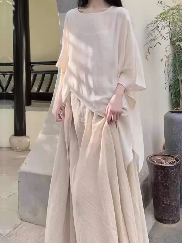 Novo chinês zen sle tom frio camiseta conjunto feminino verão nacional sle ort sve algodão linho saia assimétrica