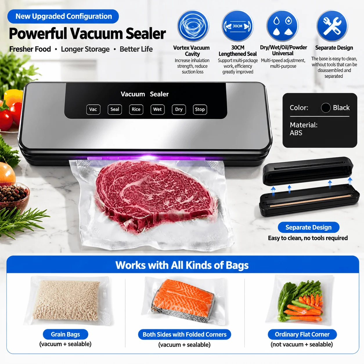 Electric Food Vacuum Sealer Machine with 65kPa Strong Suction, Automatic Vacuum Packing and Sealing Tool, Dry Wet Oil Powder Modes for Kitchen, Suitable for Meat Fruit Vegetable Snacks Food Storage Preservation and Packing