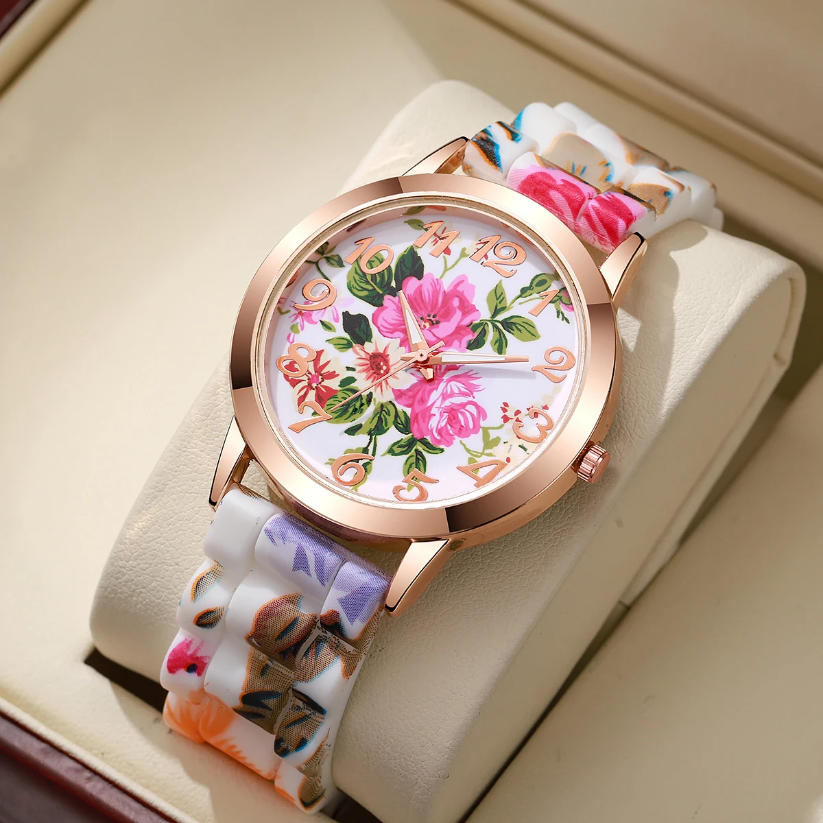 Modische Damenuhren mit Blumenmuster, lässiges Silikonband, Damen-Quarzuhr …