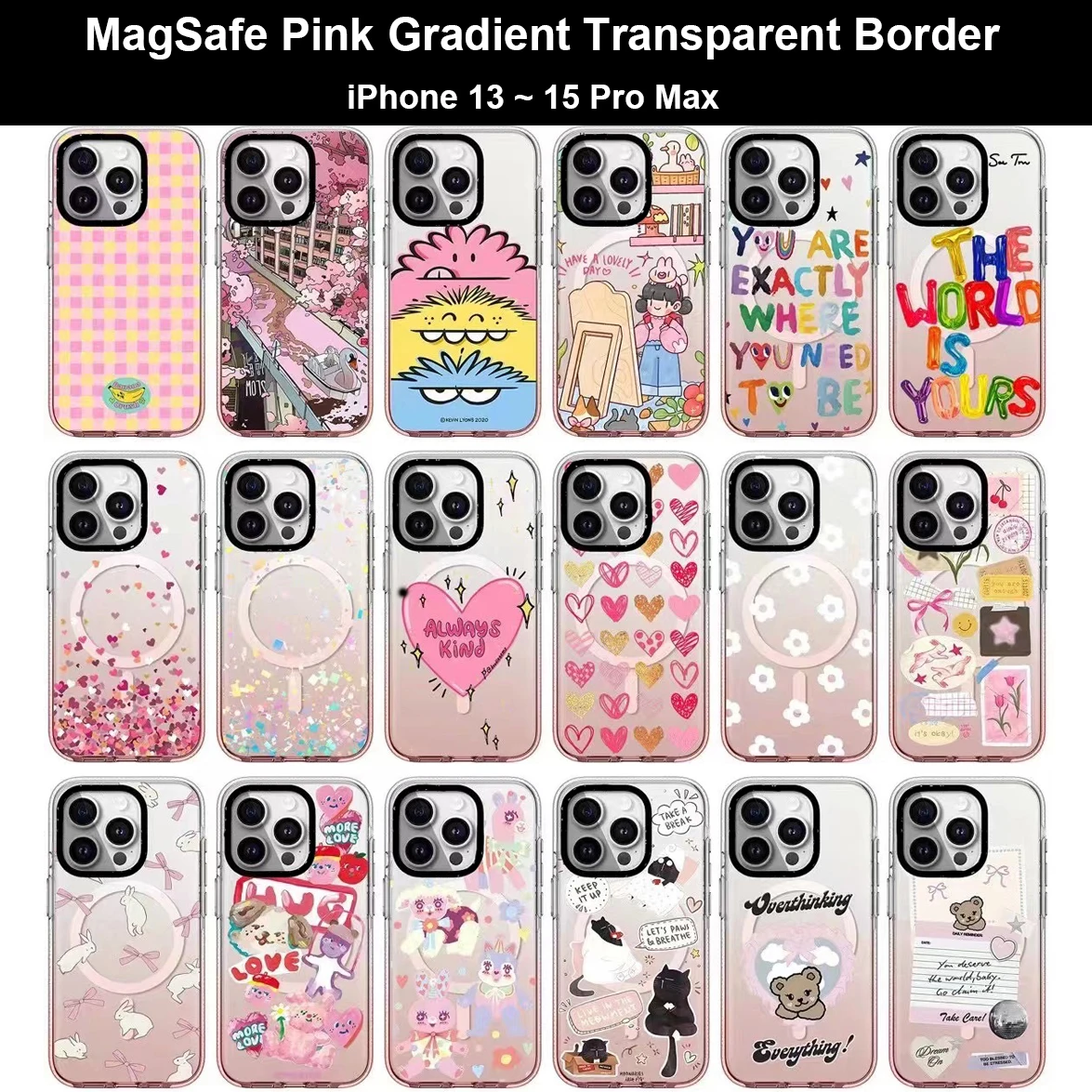 

MagSafe Pink Gradient Transparent Border iPhone 13 14 15 Pro Max Case for IPhone 15 Pro Max