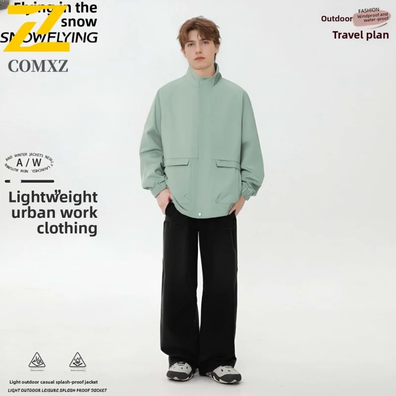 

Men Casual Stand Collar Jacket Windproof Workwear Outdoor Spring Autumn Tactical Utility Military Style Lightweight Street Coat