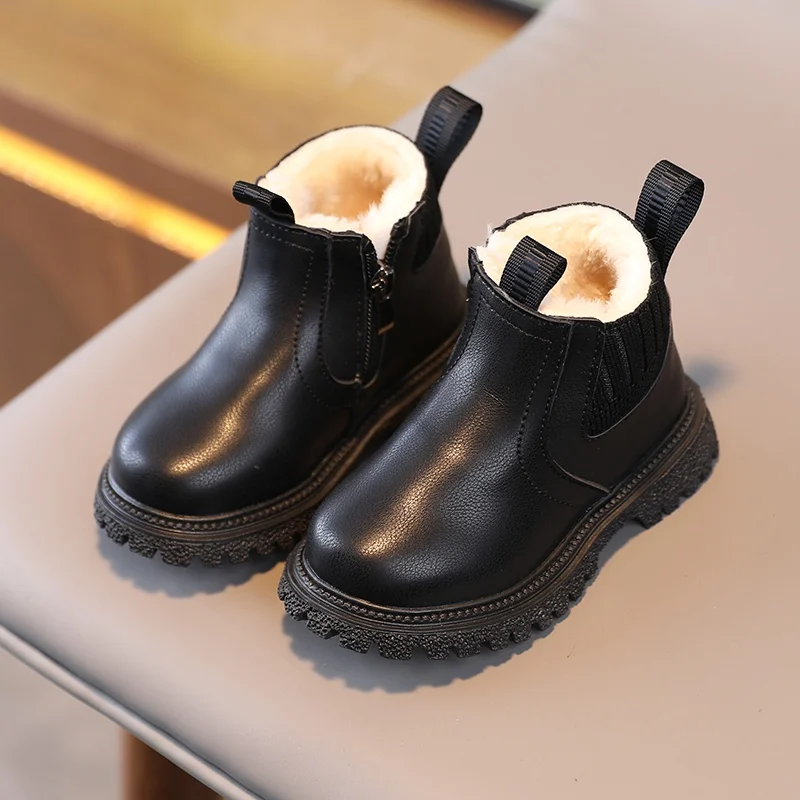 Winter Kids Boys Girls Martin Boots British Style Zipper Velvet Warmth Non-Slip Short Boots Anti-slip Children Leather Shoes