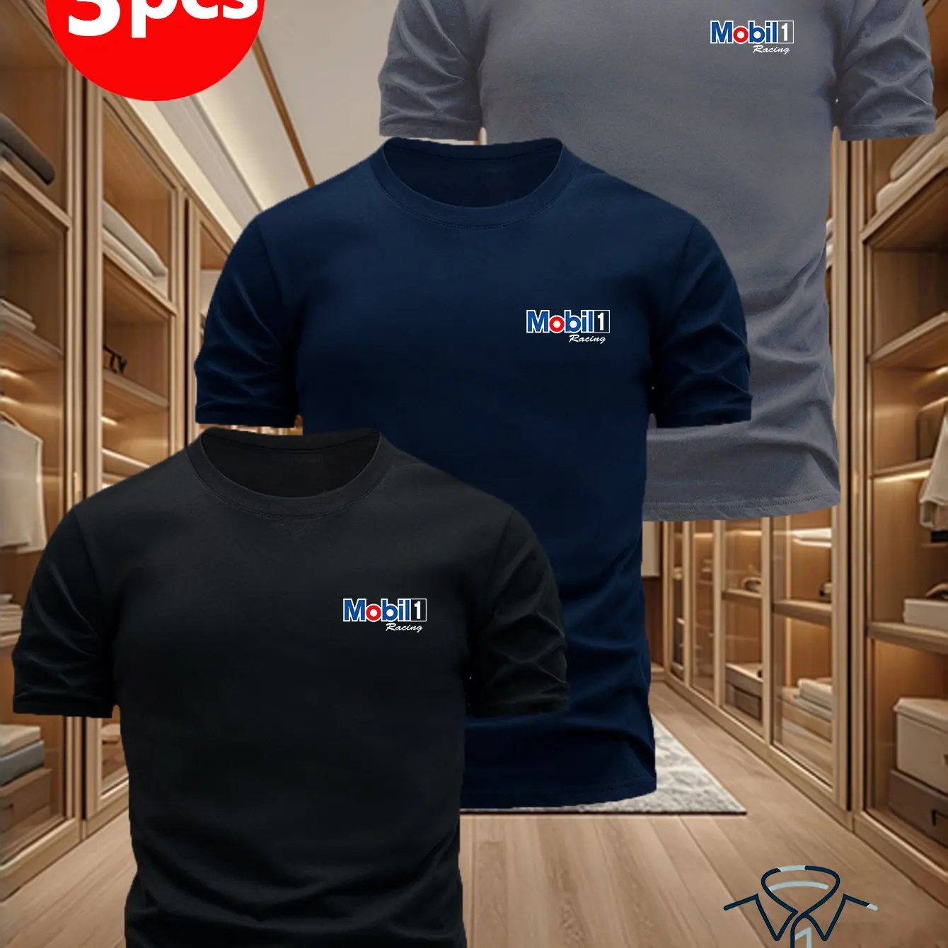 

3-Pack Men's Casual Crew Neck Cotton T-Shirt, Geometric Pattern "Mobil", Lightweight, Regular Fit, Summer Collection