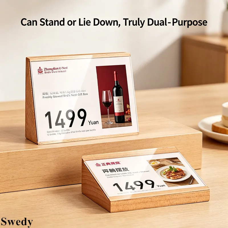 3 Pieces 90x55mm Wood Base Acrylic Table Sign Holder Display Stand Desktop Price Card Display Stand Restaurant Menu Frame
