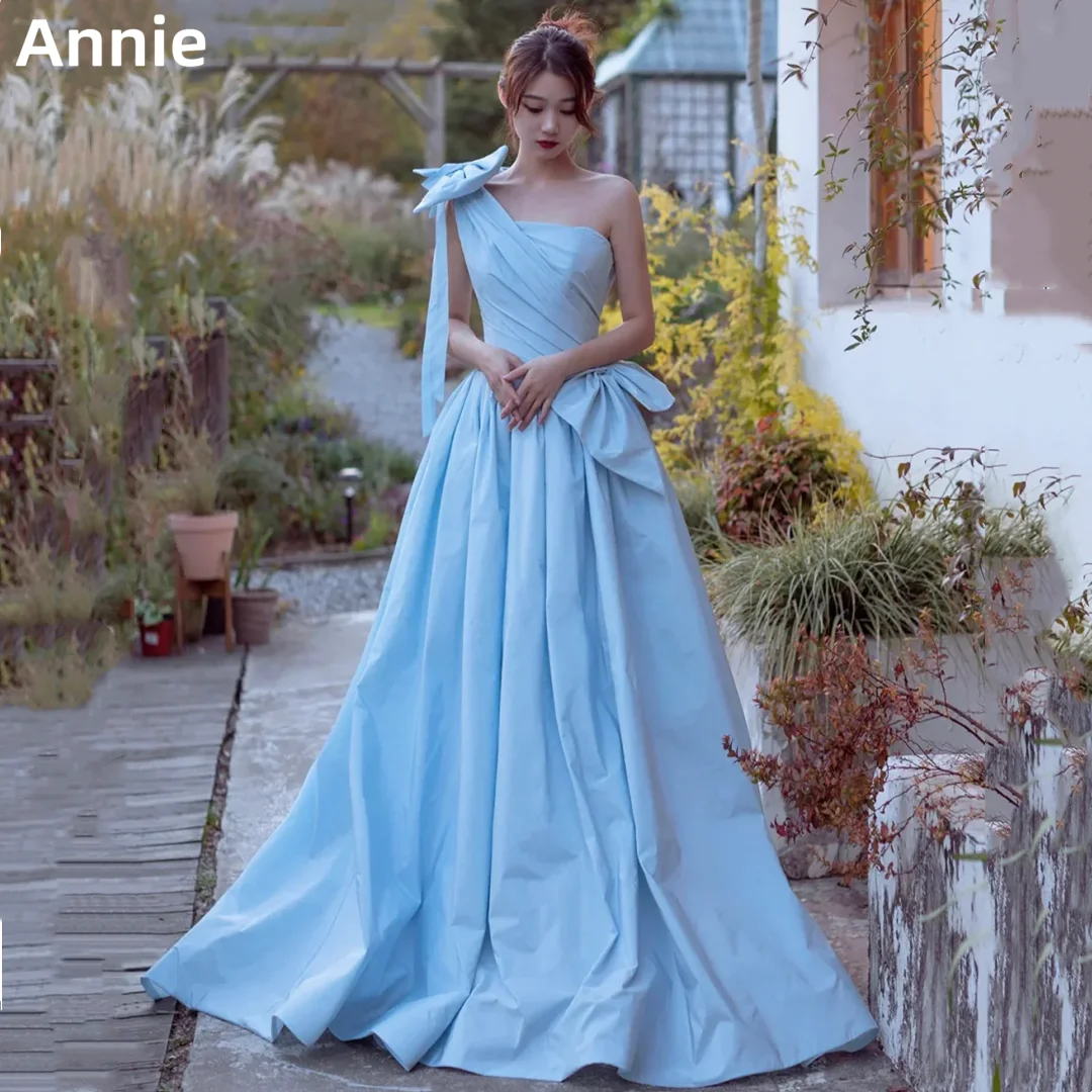 

Annie Light Blue Prom Dresses Taffeta One Shoulder Bow Princess Evening Dresses Formal Occasions A-Shape Elegant Party Dress