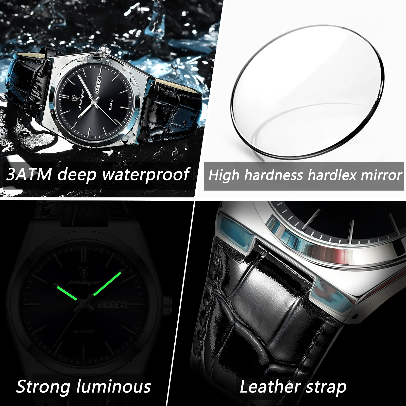 POEDAGAR Men\'s Watches Fine Steel Trend Fashion Original Quartz Watch for Man Waterproof Luminous Date Weel Gentleman Leather