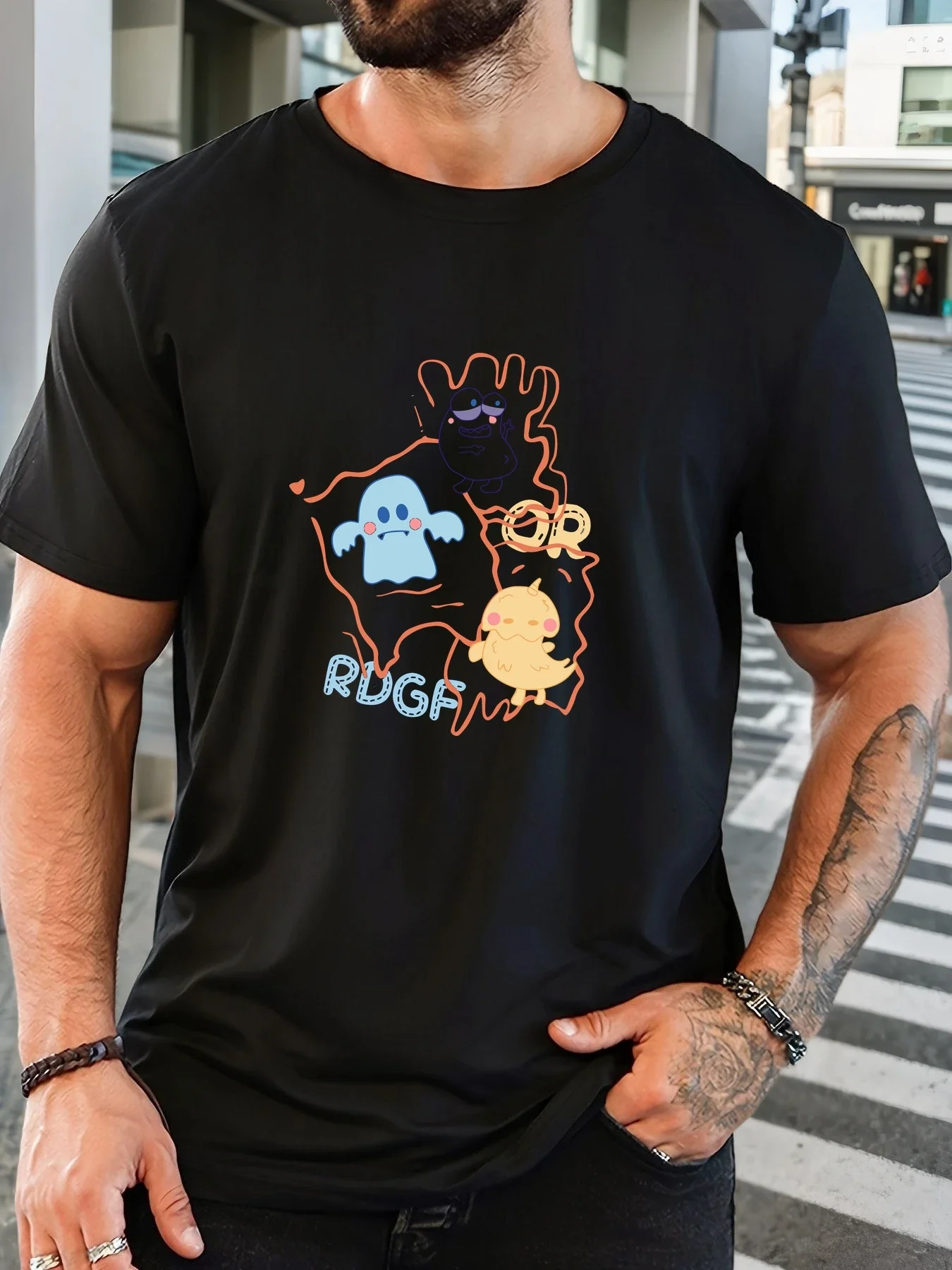 

High-quality, fashionable, 100% pure cotton printed T-shirt with cartoon pattern, casual round neck, comfortable men's T-shirt