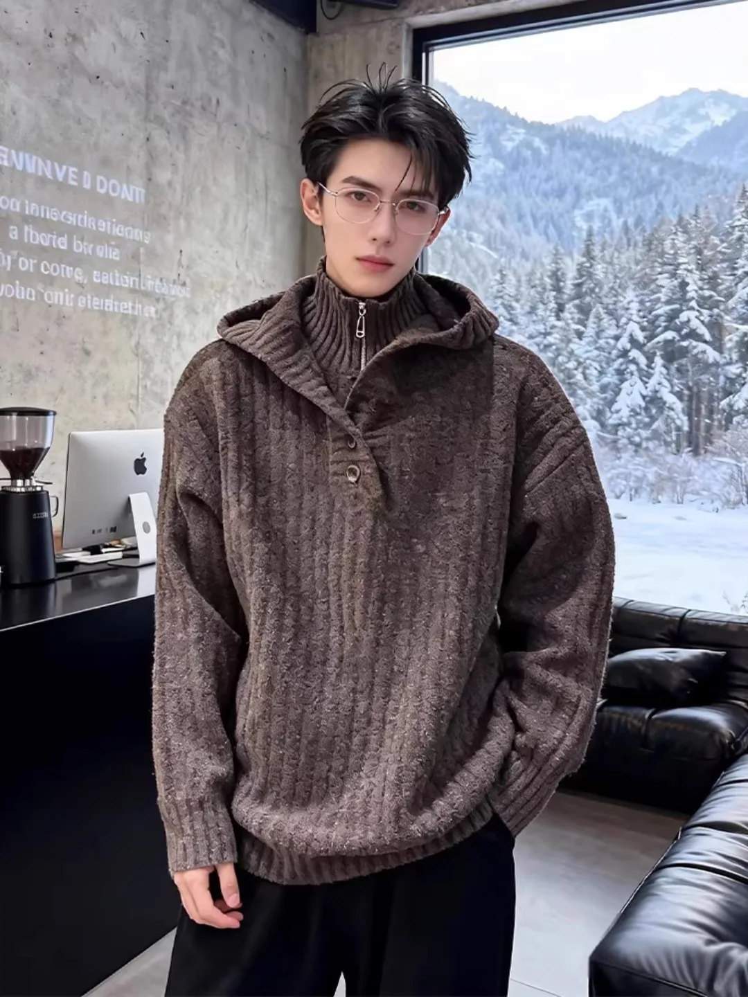 

Caramel Hooded Knitwear Men's Loose Fit Comfortable Korean Sle Winter Outerwear Soft Polyester Fiber Long Sve Zipper Clo...