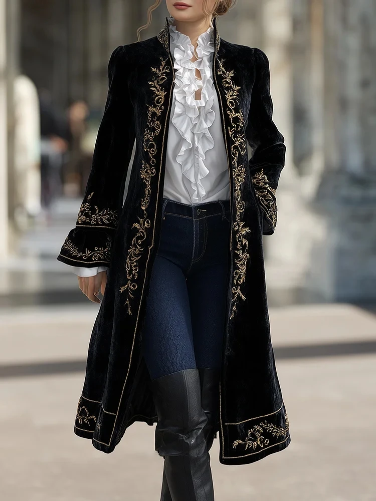 

Floral Velvet Long Jacket for Women Single Breasted Stand Collar Slim Fit Flare Sleeve Vintage Blazer Coat Elegant Overcoat