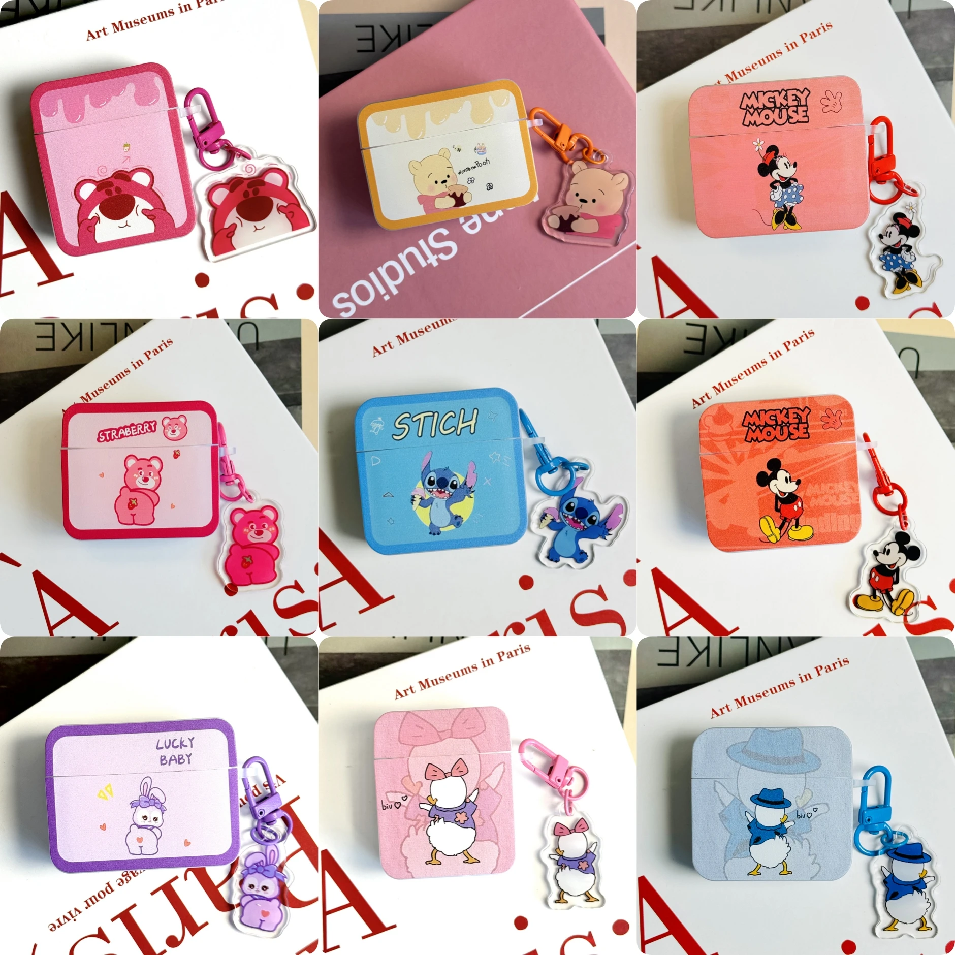 

Disney Series Cute Mickey Minnie Stitch Square Headphone Case for AirPods 4 3 2 1 Pro 2rd With Pendant Matte Soft Protect Cover