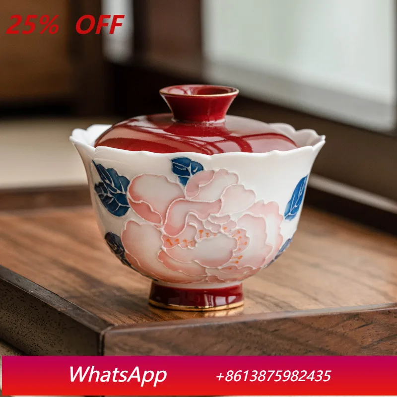 

LTT Hand Painted Pile Carved Gold Painted Peony Flower Mouth Bowl Tea Cup Household Kung Fu Tea Set