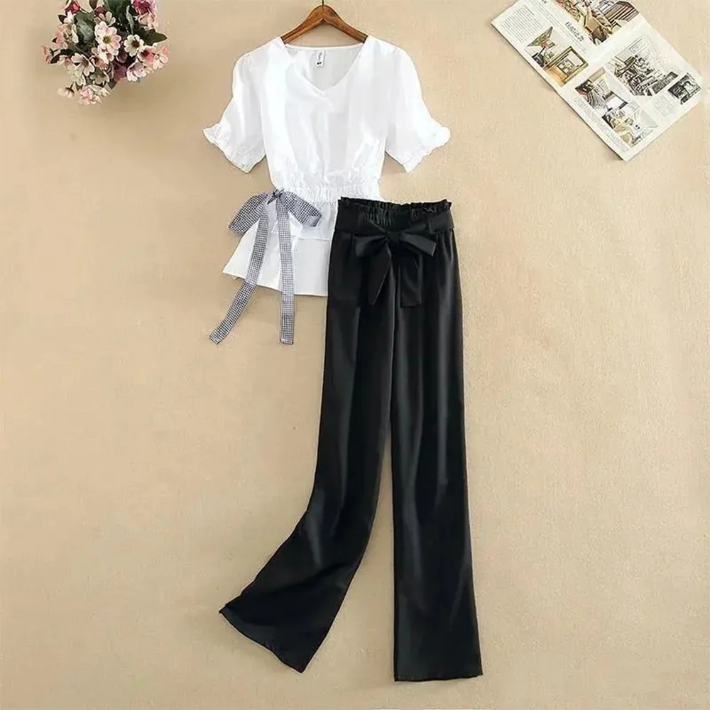 Two Piece Set White V-Neck Bow Lace Up Elastic Waist Shirt Blouses Blue High Waist Wide Leg Ankle-Length Pants Sets For Women