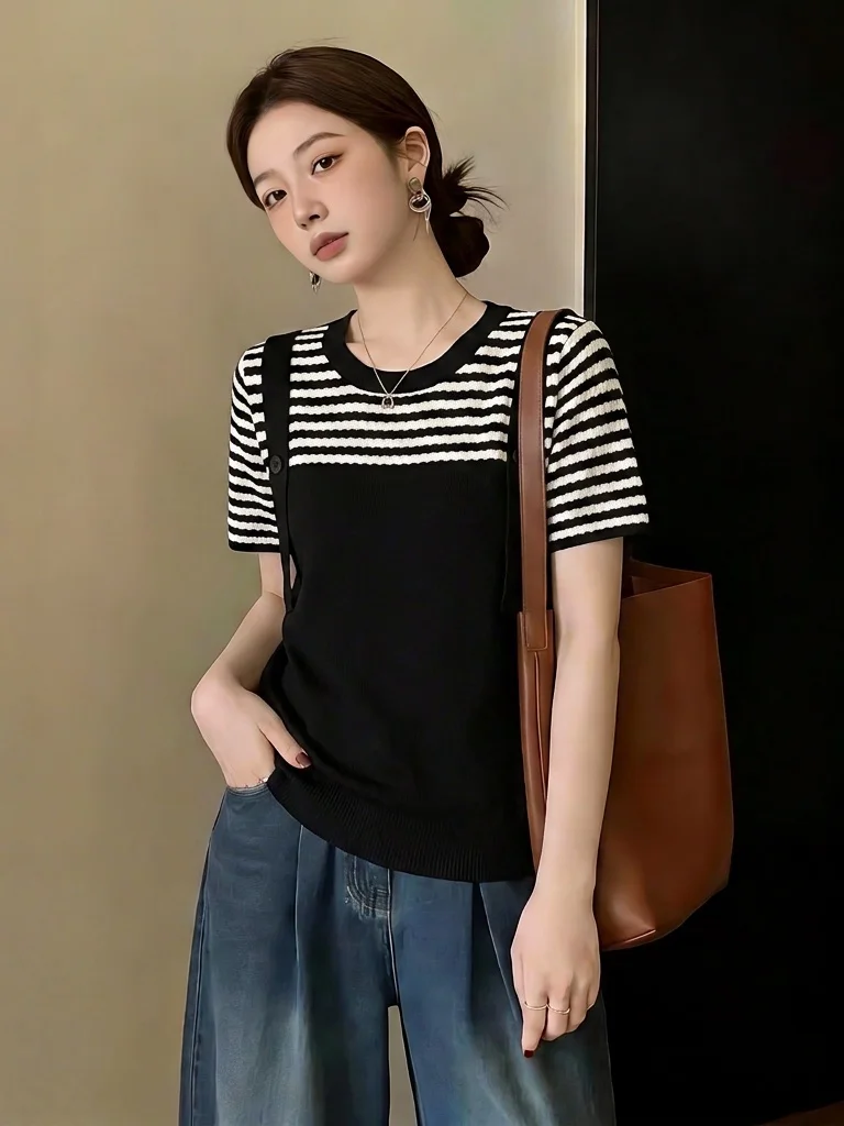 Slimming Striped Patchwork Short Sleeve T-Shirt Women's Commute Style Korean Loose Fit Summer New plus Size Ladies Top