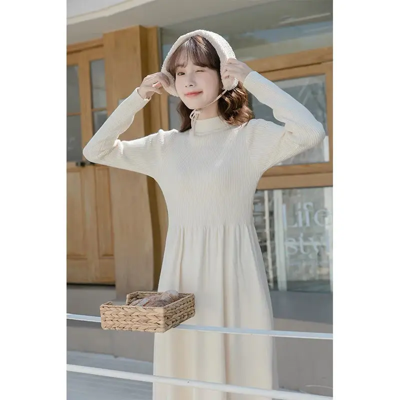 Camada de base interior usar petite vestido feminino inverno engrossado novo estilo francês camisola de malha vestido longo feminino