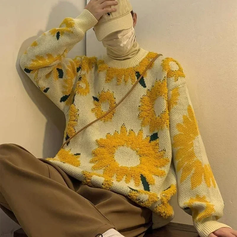 Autumn Winter Japanese Vintage Sunflower Flocking Idle Style Sweater For Men And Women Hip Hop Trendy Brand Couple Long Sleeve K