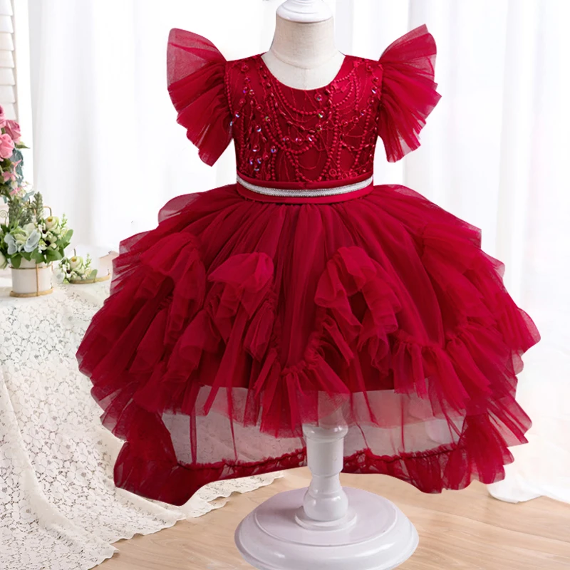 Girl's Bow Tail Princess Dress 2024 New Fashion Sequin Pearl Mesh Dress Carnival Birthday Party Performance Casual Dress