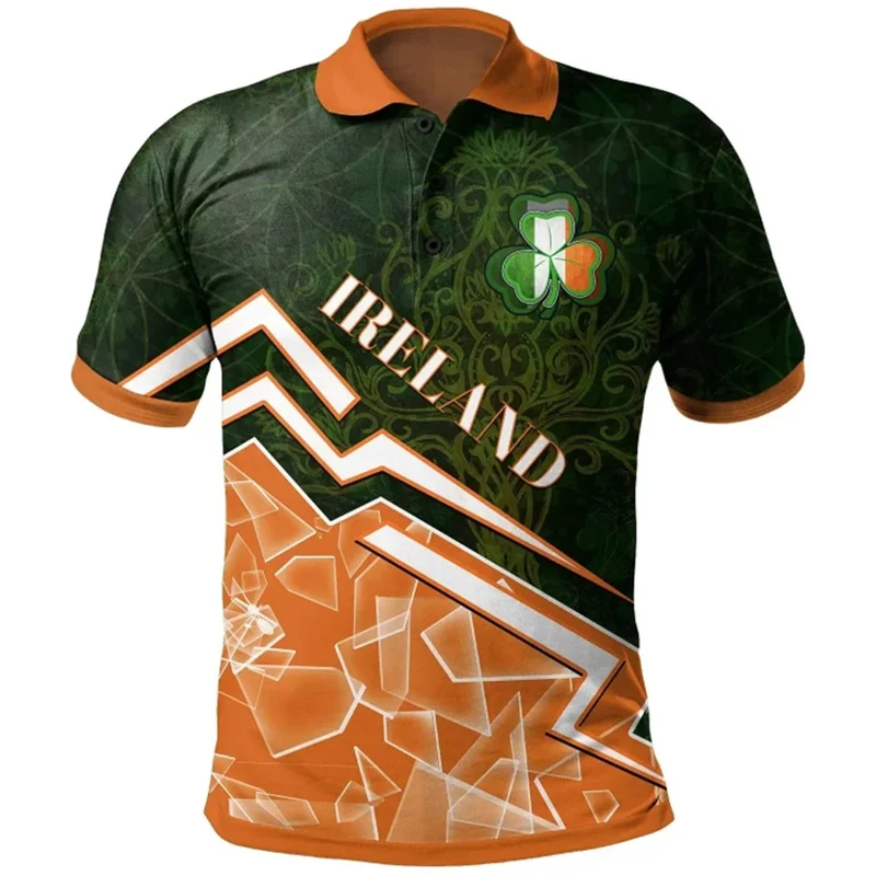 Summer Ireland Flag Polo Shirt For Men 3d Print National Emblem T-shirt Tops Casual Street Lapel Short Sleeve Button Shirts