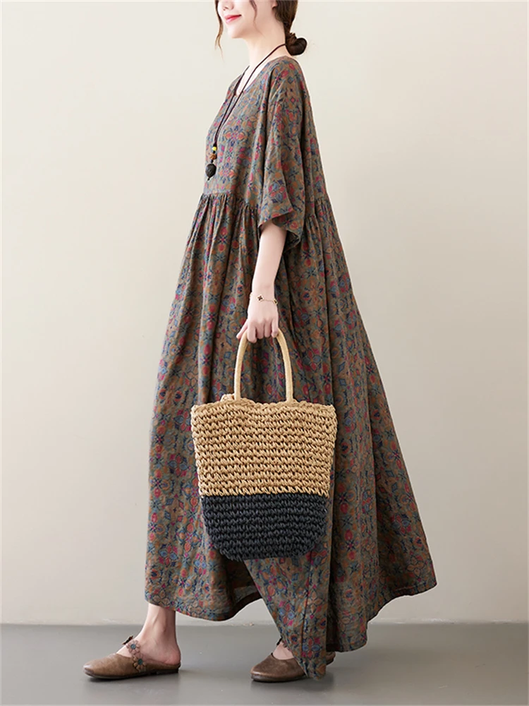 Short Sleeve Cotton Vintage Print Floral Dresses For Women 2026 Spring Summer Loose Casual Long Dress Robe Femme Elegant Clothes