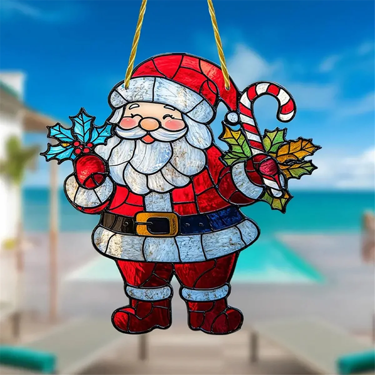A71P زينة عيد الميلاد سانتا كلوز، ديكورات نافذة أكريليك ملونة مع سلسلة علامات تعليق المعلقات الخارجية #5
