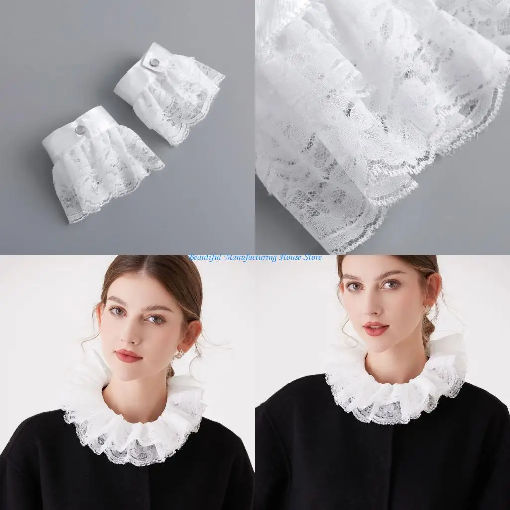 E56A Victorian Inspired Detachable Lace Collar And Cuffs Set Adjustable For Outfits