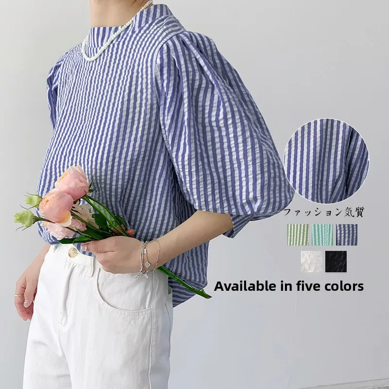 

Summer Sweetn Stripe Bubble Sve irt Women's Loose Fit Versatile Age-Defng Top Korean Sle Transoceanic RTJ