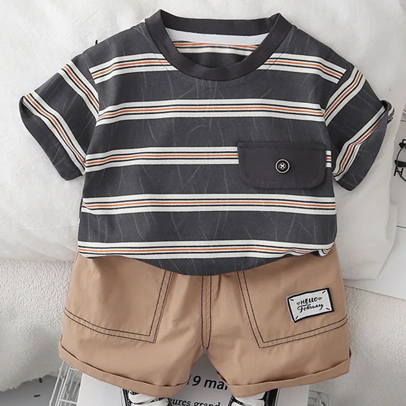 

2Piece Summer Baby Clothes Toddler Boy Outfits Korean Fashion Casual Stripe Short Sleeve Tops+Shorts Boutique Kids Clothing B079